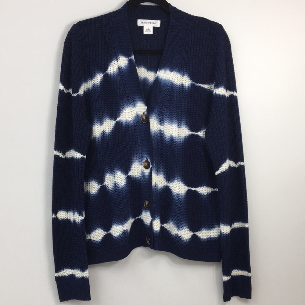 Skyes The Limit Button Cardigan Blue and White Tie Dye Sweater Size L NWT